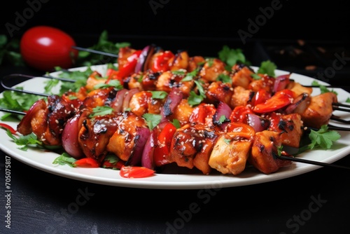 grilled chicken and vegetables skewers on a plate closeup
