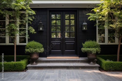 black front door in suburban house with green plants decor. Classic modern suburbs building townhouse facade.