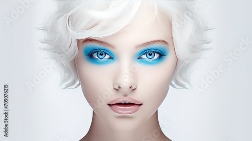 Portrait of beautiful young woman white hair with blue eye bright make up. AI generated image