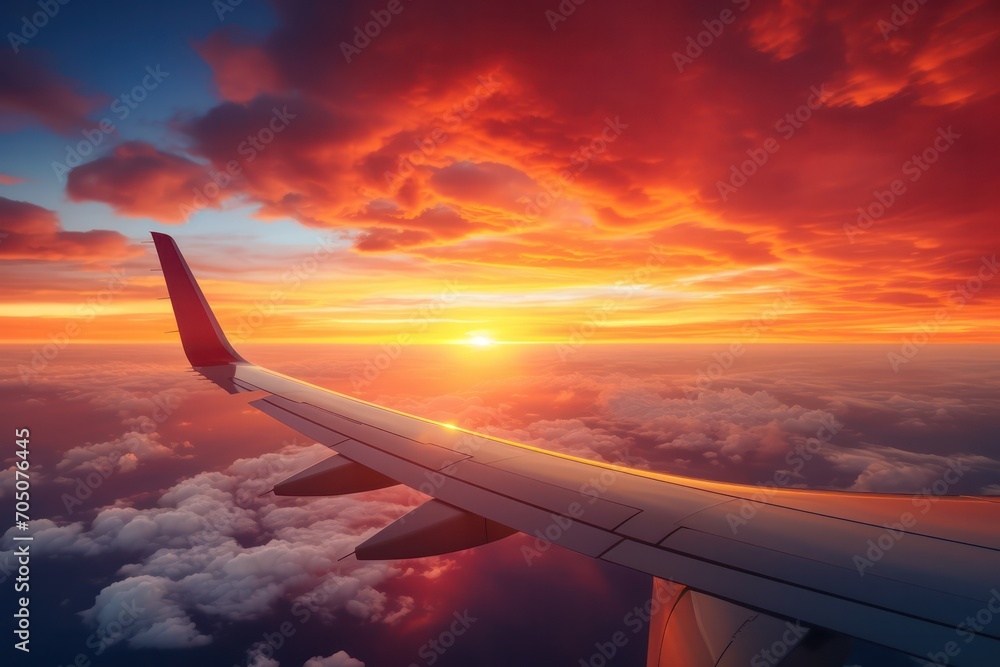 Obraz premium sunrise or sunset view from airplane window with plane wing in shot. Beautiful pink orange sky with clouds.