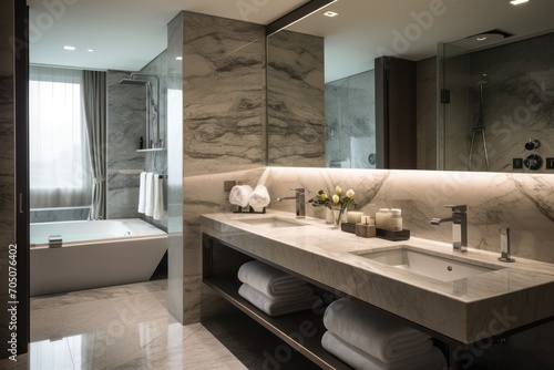 minimal modern interior of luxury white gray marble bathroom design in luxurious classic hotel with bathtub photo
