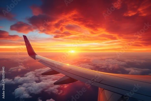 sunrise or sunset view from airplane window with plane wing in shot. Beautiful pink orange sky with clouds.