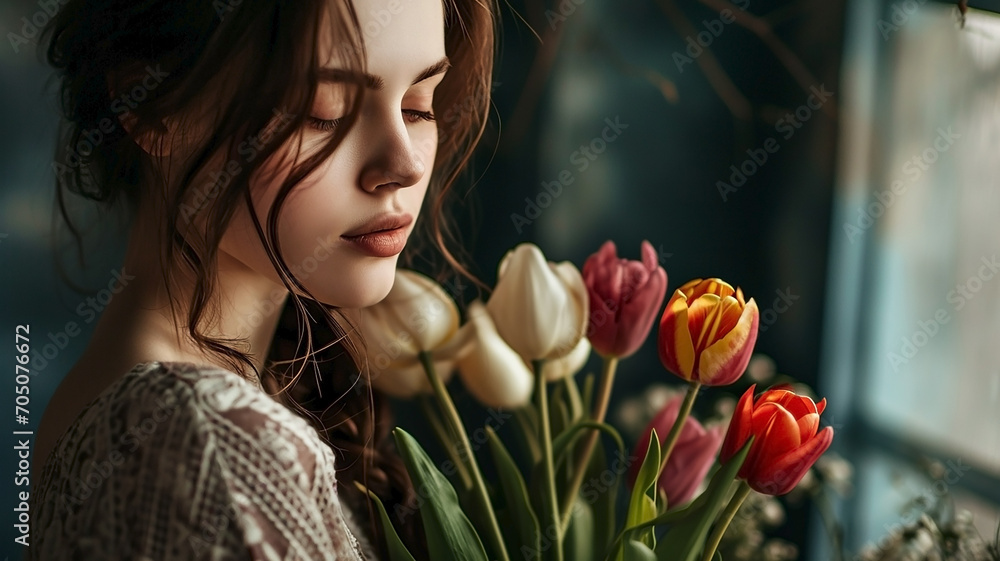 Naklejka premium Beautiful woman with bouquet of tulips