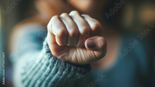 Clenched fist against the background of blurred girl