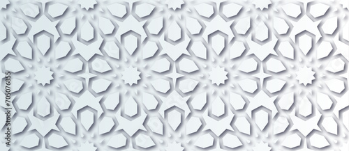 Fototapeta Naklejka Na Ścianę i Meble -  Islamic Ornament Vector. White soft grey blue background. Light shadow 3d ramadan eid arabic geometric pattern elements motif.