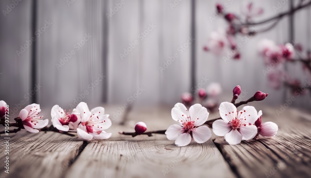 Plum Flowers Blossom on white wood plank with copy space