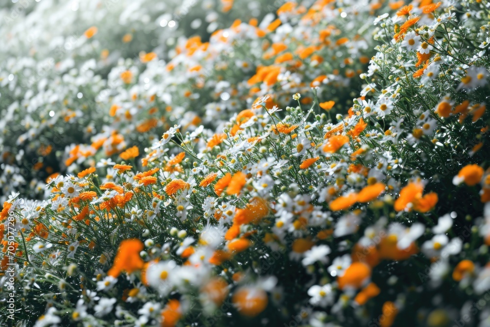 A vibrant field of orange and white flowers on a sunny day. Perfect for adding a pop of color to any project