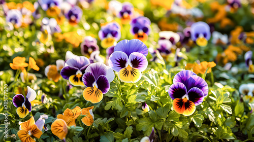Violet tricolor spring flowers in the garden. A vibrant stock photo capturing the essence of blooming beauty, perfect for seasonal inspirations photo