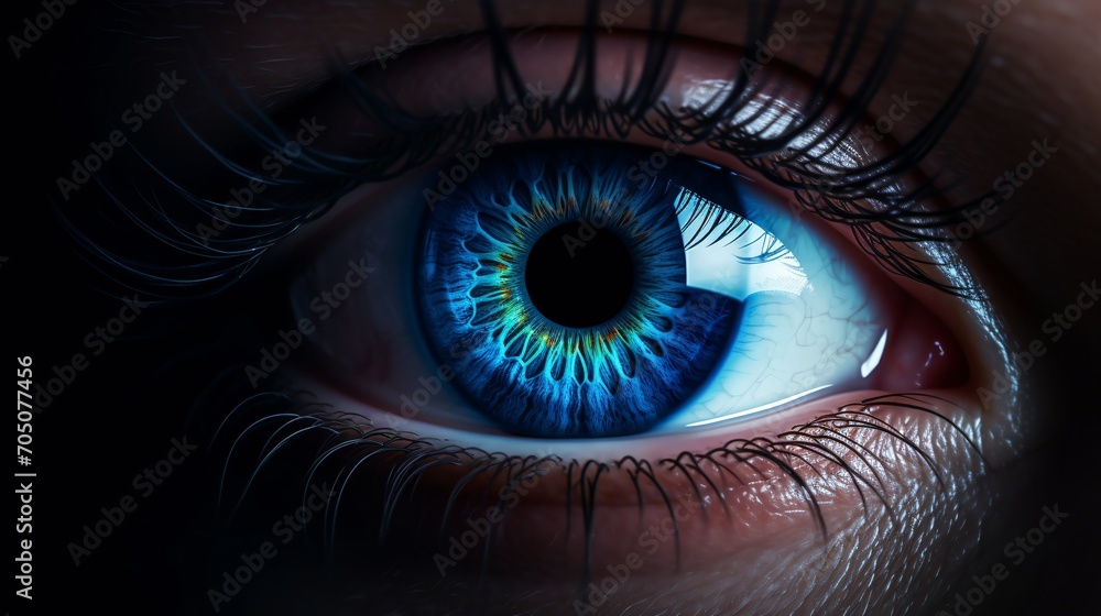 A close-up of a person's eye with a blue iris Generative AI