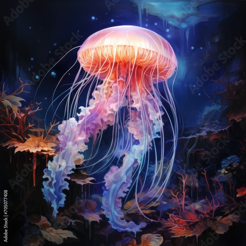 Beautiful art jellyfish painting illustration. Jellyfish glows luminescent art. Interior design art. Fairytale art jellyfish under water print for printing on clothes, paper, fabric, stationery, books © Nataly G