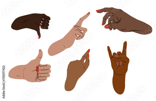 Set de ilustraciones de manos de mujer mostrando diferentes gestos. Recursos, elementos de diseño vectorial para infografía, anuncios, sitio web, carteleria, banner