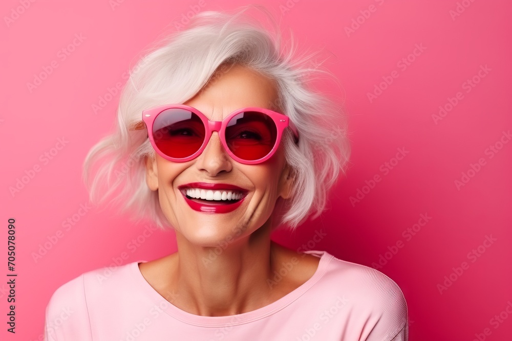 Portrait of a happy senior woman in pink sunglasses over pink background Portrait of a happy senior woman in pink sunglasses over pink background