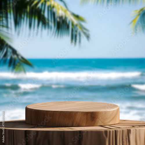 product display on wooden podium with blurred sea tropical beach