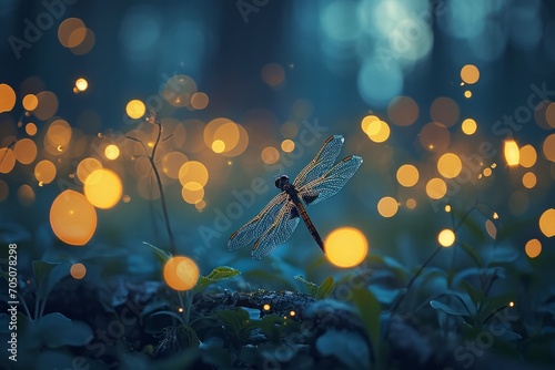 A dragonfly amidst a magical scene of glowing orbs in a twilight forest.