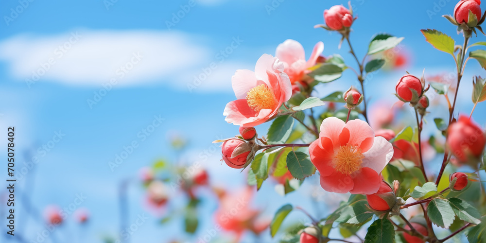 blooming rose bush on a blue background. Flowering rose hips against the blue sky. Soft selective focus, Ai generated image