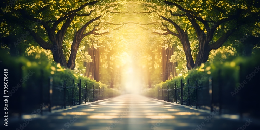 a blurred park avenue in springtime, light at the end of the tunnel, natural symbolic concept for mourning, hope, depression and others with copy space - obrazy, fototapety, plakaty 