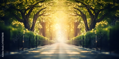 a blurred park avenue in springtime, light at the end of the tunnel, natural symbolic concept for mourning, hope, depression and others with copy space photo