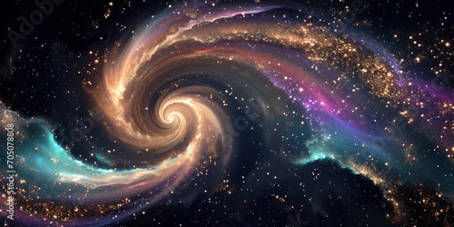 A cosmic swirl of stars and galaxies with vibrant colors and glittering particles.