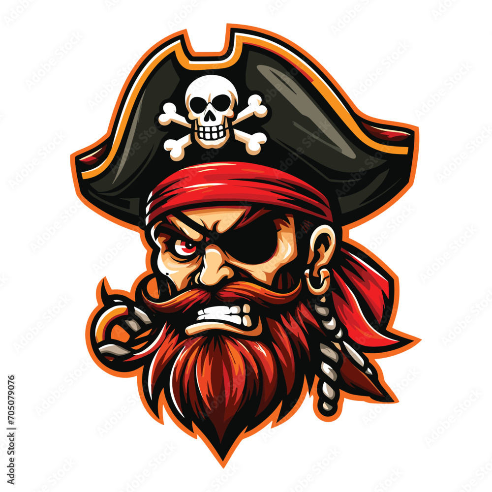 Fototapeta premium Angry pirate head face with hat and eye patch mascot design vector illustration, logo template isolated on white background