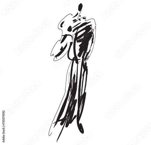 Hand Drawn Fashion Designer Illustration.Fashion Model Illustration, Stylish Sketch.Hand drawn outfit look.Fashion Designer Style. Placement Print. Woman fashion look. Minimal Print. Poster Print