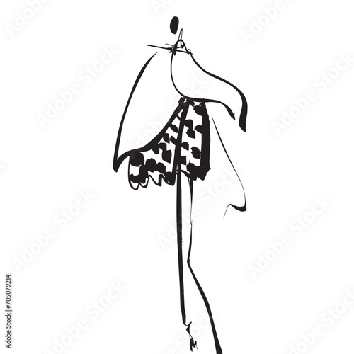 Hand Drawn Fashion Designer Illustration.Fashion Model Illustration, Stylish Sketch.Hand drawn outfit look.Fashion Designer Style. Placement Print. Woman fashion look. Minimal Print. Poster Print