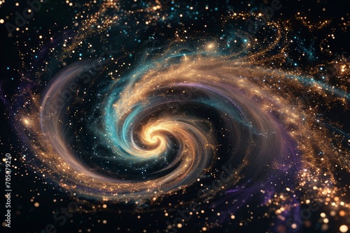 A cosmic swirl of stars and galaxies with vibrant colors and glittering particles.