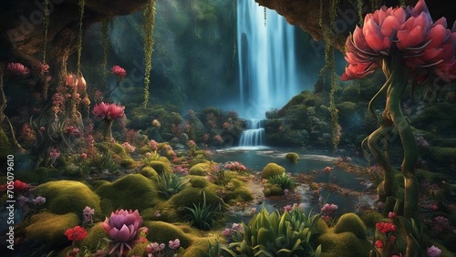 waterfall in the forest Horror  mural of a cursed beautiful landscape, with poisonous flowers, spikes, webs, eyes, slime,  photo