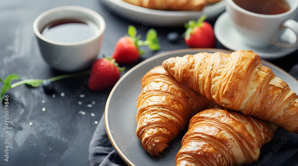 Fresh French Croissants with Tea and Strawberries for Breakfast