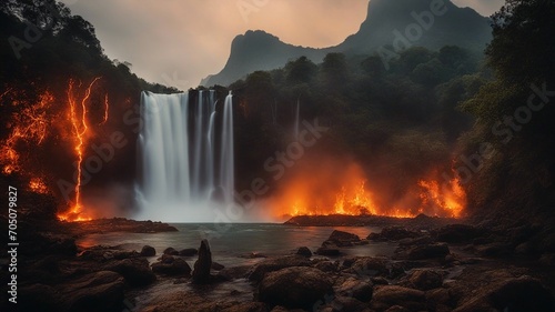 fire in the woods Horror waterfall with fire, with a landscape of burning trees and lava, with a Ban Gioc waterfall   photo