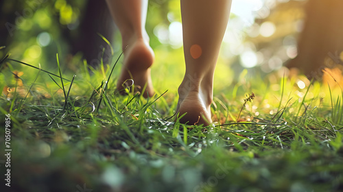 Barefoot Walk on Dewy Grass in Sunlit Park - Nature and Wellness Concept