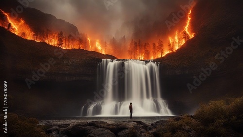 waterfall in the forest Horror waterfall of fire, with a landscape of burning trees and lava, 