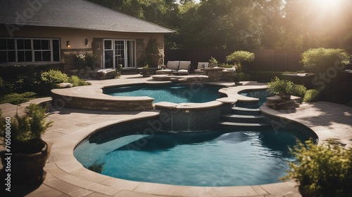 luxury swimming pool Residential inground swimming pool in backyard with waterfall and hot tub  © Jared