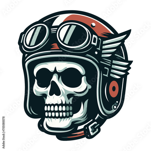 Retro vintage biker racer skull in helmet design vector template illustration. t-shirt design, logo mascot emblem isolated on white background © lartestudio