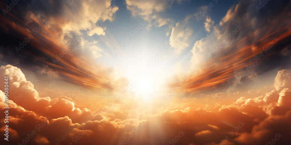 Sunburst crowns the sky, with clouds glowing as if edged with celestial fire Sunburst crowns the sky, with clouds glowing as if edged with celestial fire