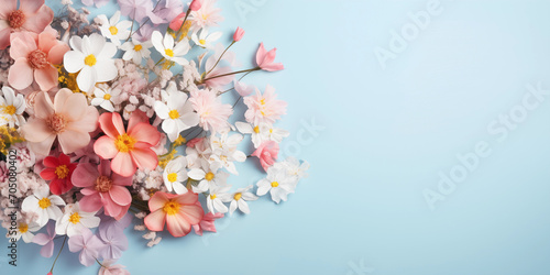 Bouquet of beautiful spring flowers on pastel blue table top view, Ai generated image