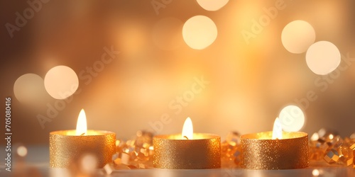 burning candlelights on abstract blurred bokeh light background, golden bright color for warm festive atmosphere, holiday celebration concept