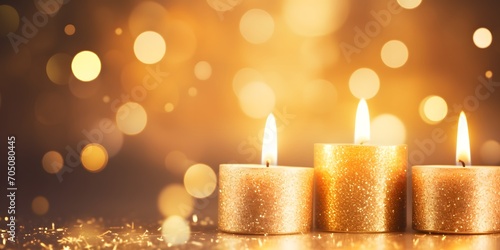 burning candlelights on abstract blurred bokeh light background, golden bright color for warm festive atmosphere, holiday celebration concept