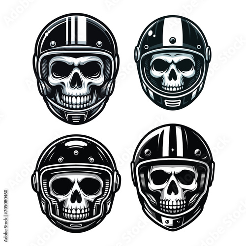 Set of retro vintage biker racer skull in helmet design vector template illustration. t-shirt design, logo mascot emblem isolated on white background