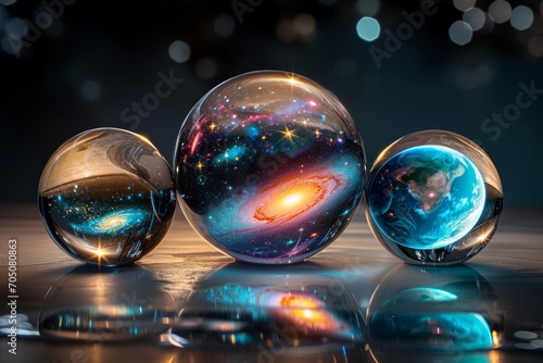 Three glass spheres reflecting and encapsulating cosmic scenes with planets and stars.