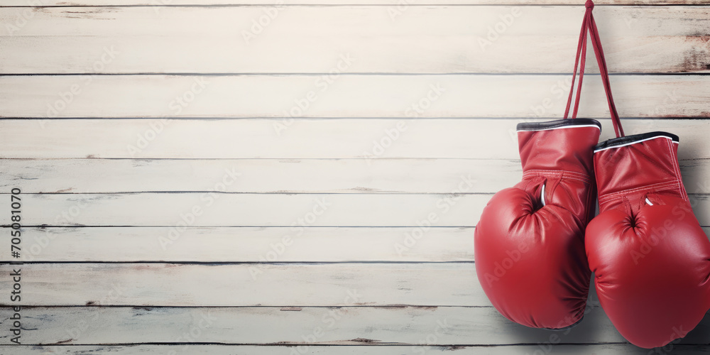 Vintage red boxing gloves hang on a rustic white wooden wall