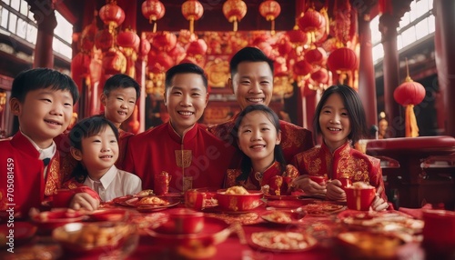 potrait Chinese family celebrating Chinese new year at chinese temple