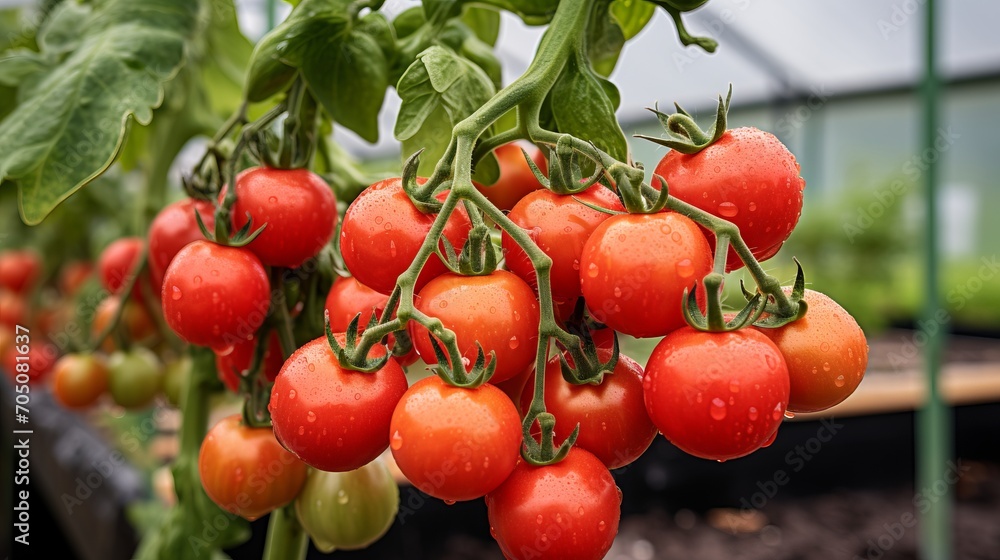Fresh red tomatoes grow on a branch in a greenhouse.