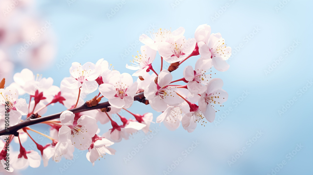 Branches of blossoming cherry macro with soft focus on gentle light blue sky background in sunlight with copy space, Ai generated image