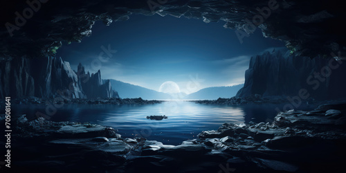 Glowing white portal illuminates a stark, cavernous landscape, casting reflections on a tranquil underground lake © PRI