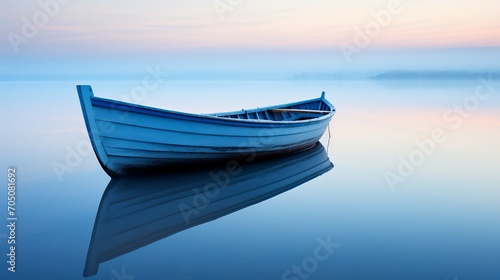 Blue boat on the sea with reflection in the water.