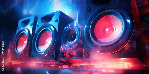 Close-up of vibrant speakers with blue and red neon illumination  suggesting a lively party ambiance