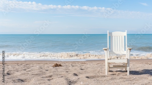 White wooden chair on the edge of the ocean at dawn  sunset on the beach with chair.