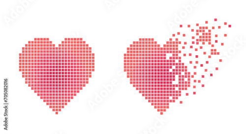Red pixelated vector heart shapes, square pixel shaped mosaic hearts, dissolving, disintegrating or transforming concept