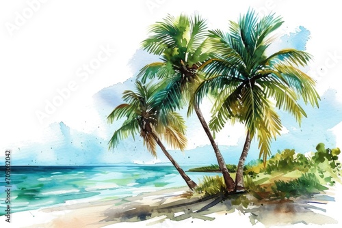 A painting of two palm trees on a beach. Perfect for tropical vacation promotions or coastal-themed designs