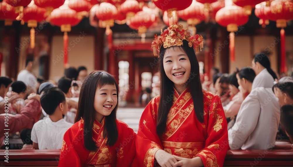 Obraz premium potrait Chinese family celebrating Chinese new year at chinese temple